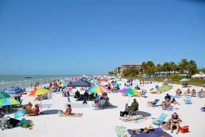 a group of people sitting at a crowded beach