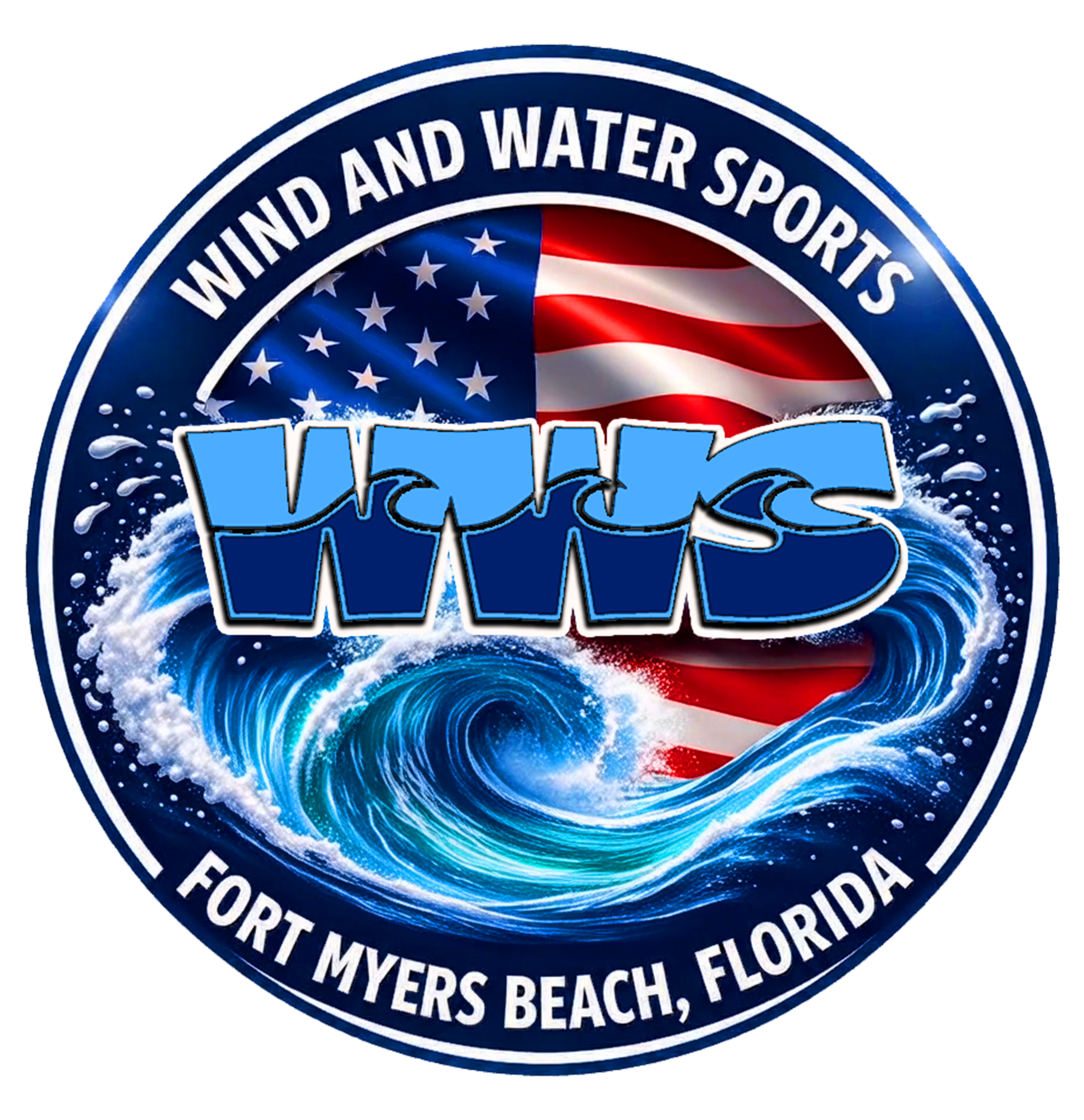 WWS logo with waves, American flag, Fort Myers Beach, Florida.