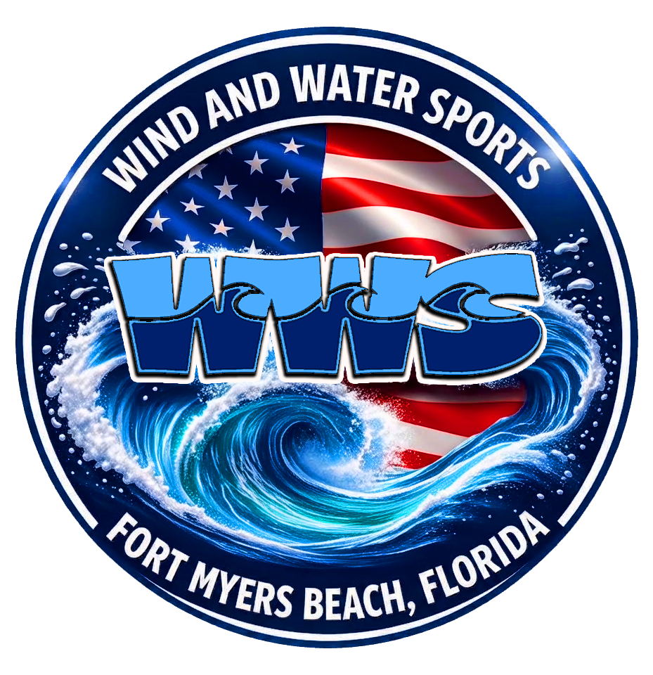 Logo with waves, USA flag, and text: Wind and Water Sports, Fort Myers Beach, Florida.